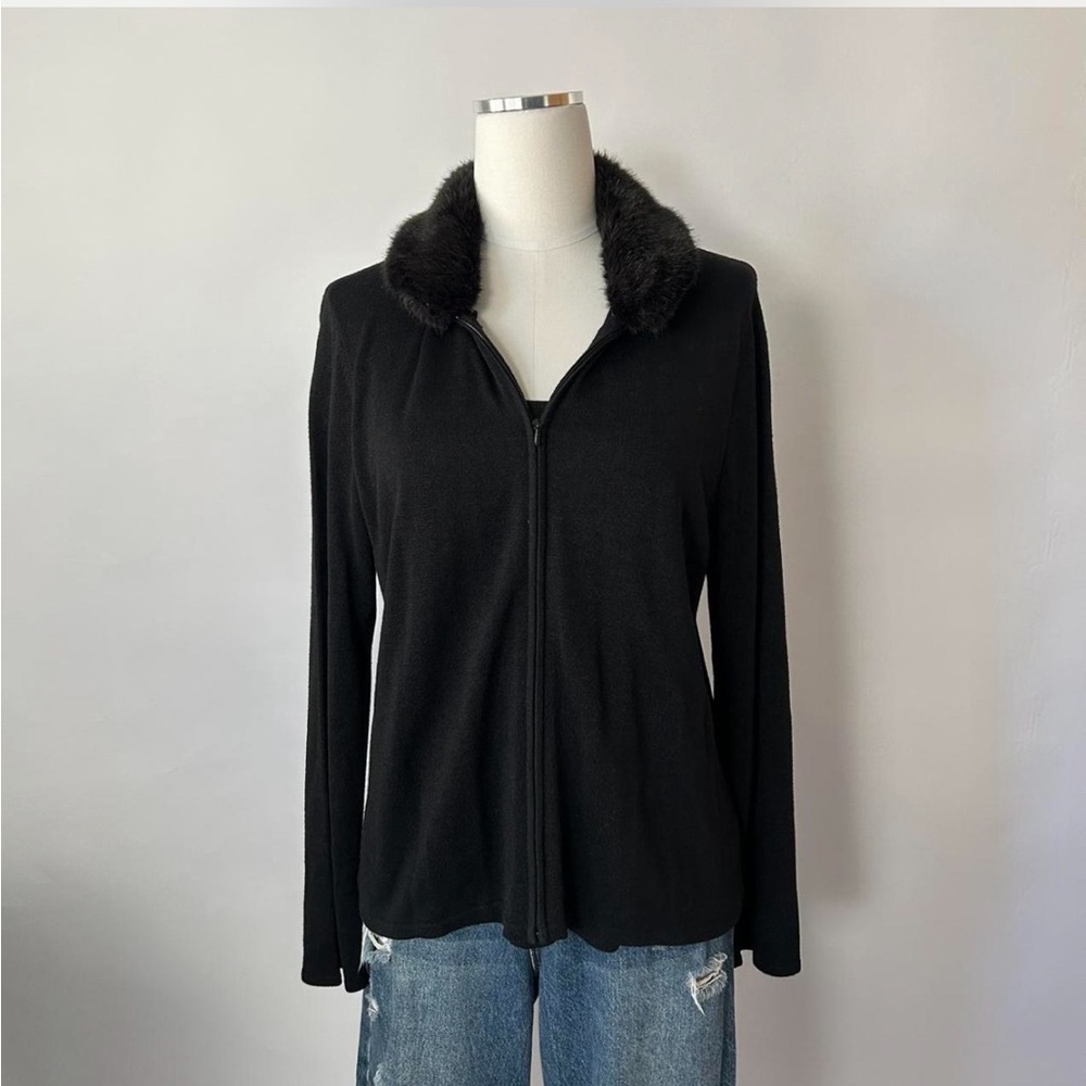 Vintage Y2K Grunge Norton McNaughton Black 100% Silk with Faux Fur Trim Cardigan - Picture 2 of 8